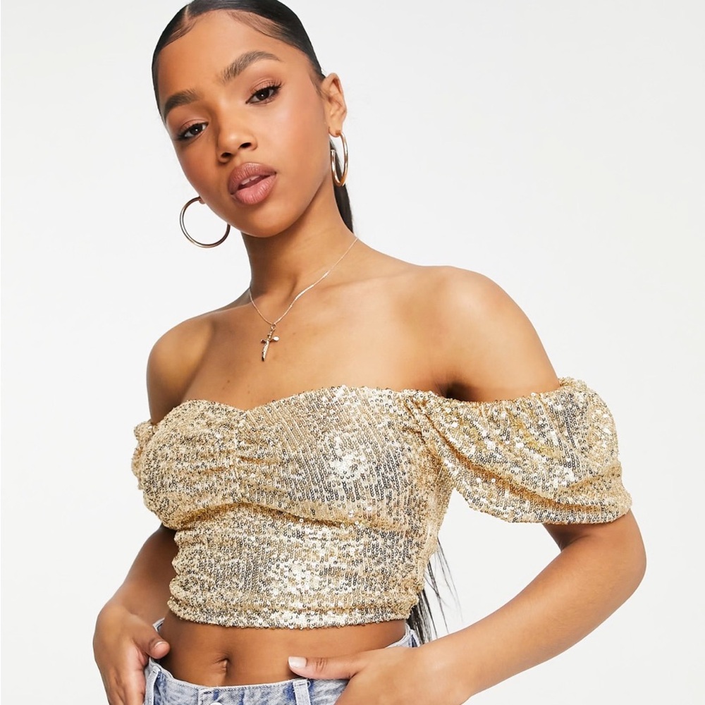 Off-Shoulder Gold Sequin Crop Top
